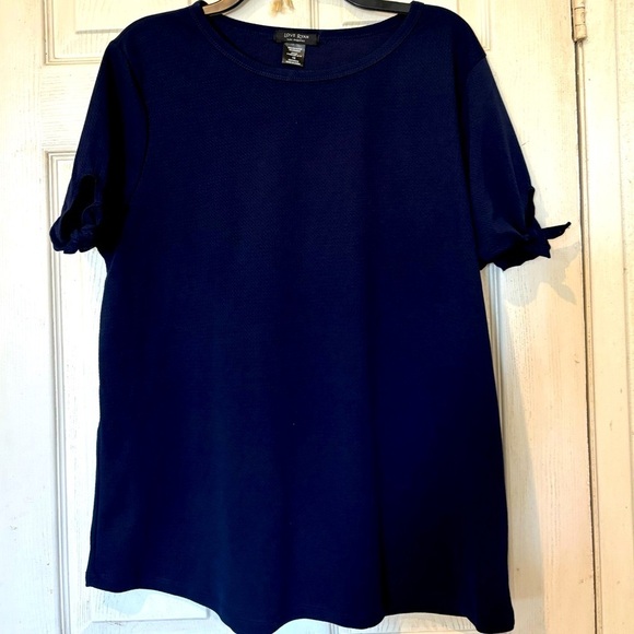 NWOT Love Ryan Navy Textured Knit Top with Knotted Tie Short Sleeves - Picture 1 of 5
